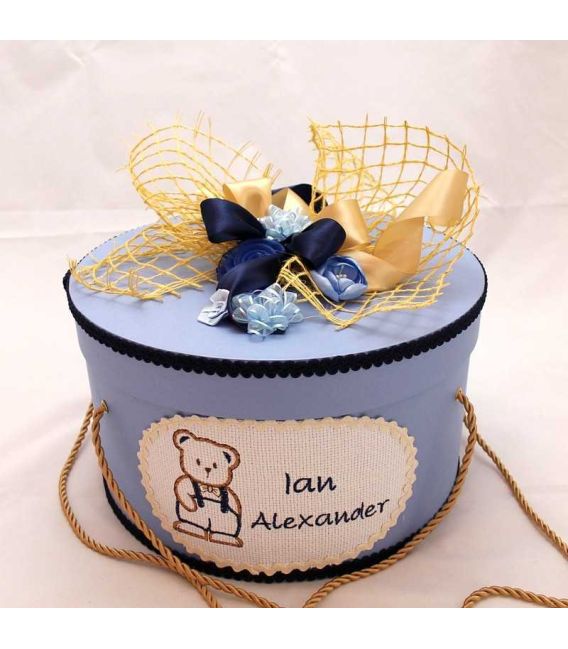 Cutie rotunda ursulet cu papion personalizata cu nume si data botez