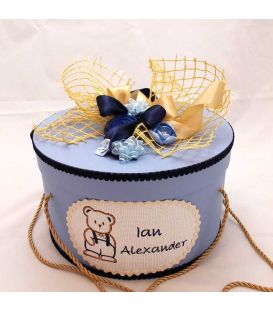 Cutie rotunda ursulet cu papion personalizata cu nume si data botez