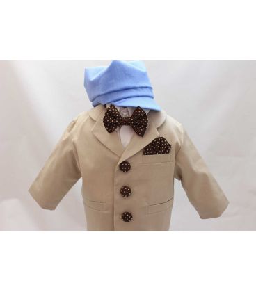 Costum botez baieti - compleu, Papion maro cu buline albe