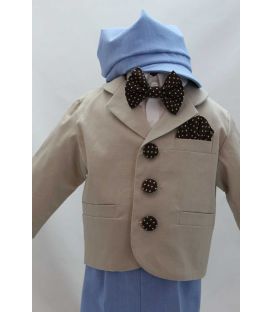 Costum botez baieti - compleu, Papion maro cu buline albe