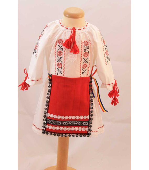 Costum botez traditional fetite broderie floare rosu si negru