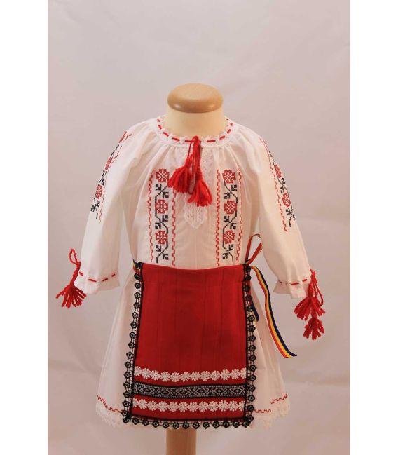 Costum botez traditional fetite broderie floare rosu si negru