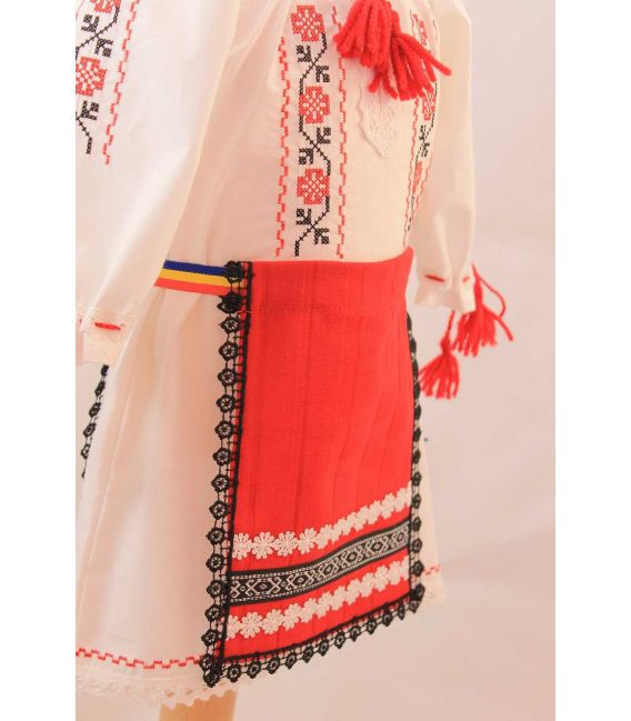 Costum botez traditional fetite broderie floare rosu si negru