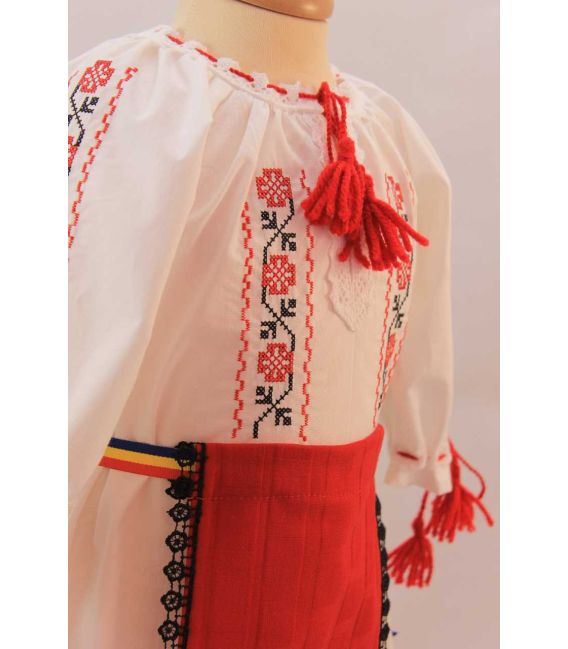 Costum botez traditional fetite broderie floare rosu si negru