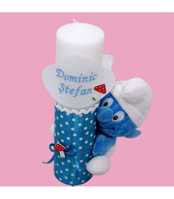 Lumanare botez Strumfi scurta cu jucarie