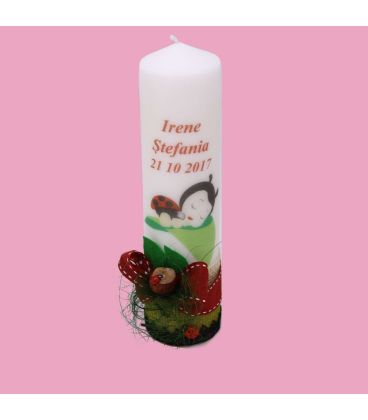 Lumanare botez buburuza somnoroasa model 30 cm inaltime 6 cm diametru