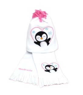 Fular plus caciula personalizate cu broderie pinguin din polar culoare alba