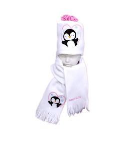 Fular plus caciula personalizate cu broderie pinguin din polar culoare alba