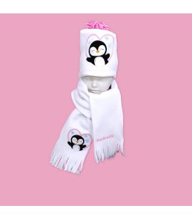 Fular plus caciula personalizate cu broderie pinguin din polar culoare alba