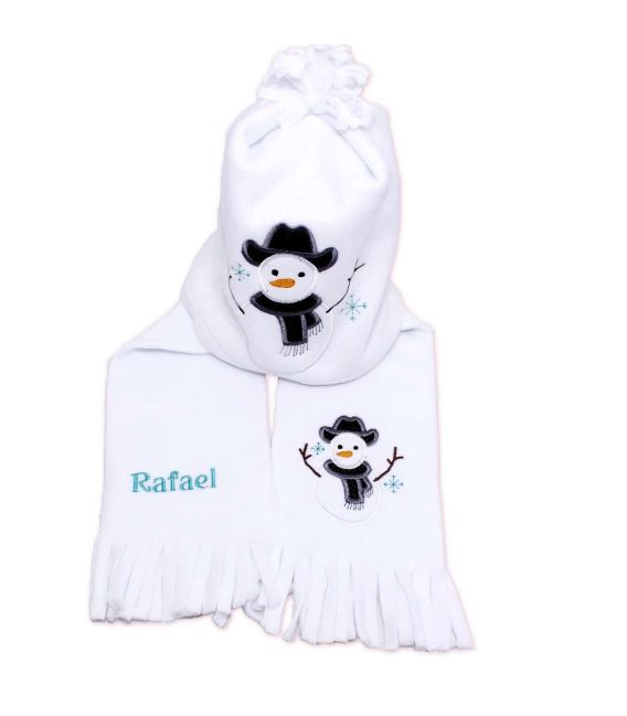 Fular plus caciula personalizate cu broderie om de zapada din polar culoare alba