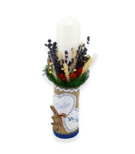 Lumanare de botez traditionala decorata rustic vedere intreaga a lumanarii