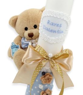 Set trusou botez baiat cu lumanare si cutie ursulet cu biberon