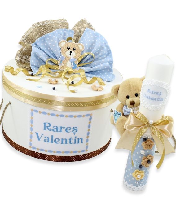 Set trusou botez baiat cu lumanare si cutie ursulet cu biberon
