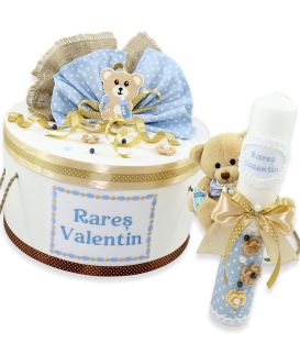 Set trusou botez baiat cu lumanare si cutie ursulet cu biberon