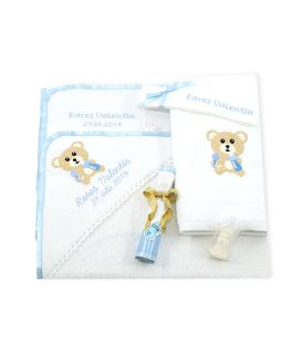 Set trusou botez baiat cu lumanare si cutie ursulet cu biberon