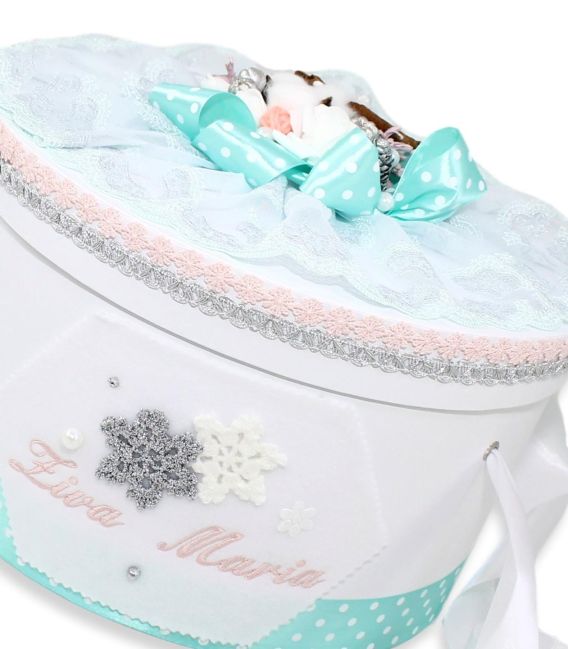 Set trusou botez premium si cutie decorata fulgi de nea