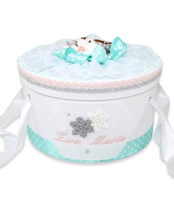 Set trusou botez premium si cutie decorata fulgi de nea