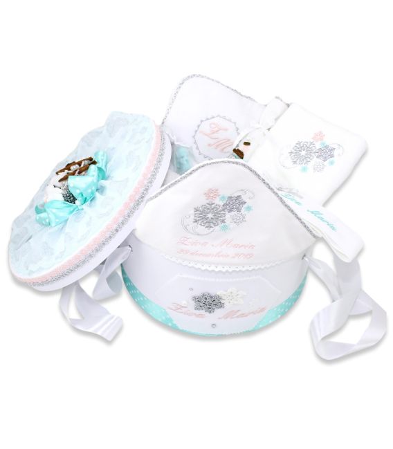 Set trusou botez premium si cutie decorata fulgi de nea