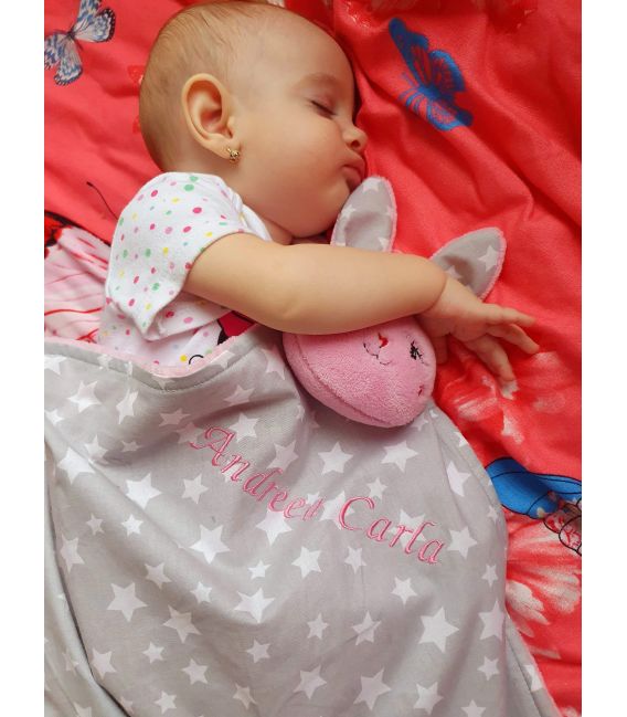 Jucarii personalizate bebelusi - Paturica personalizata cu jucarie iepuras roz