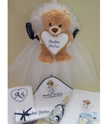 Lumanare botez ursulet cafeniu cu inimioara personalizata