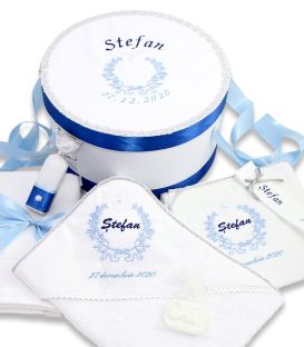 Set botez trusou personalizat si cutie decorata porumbel