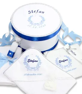 Set botez trusou personalizat si cutie decorata porumbel