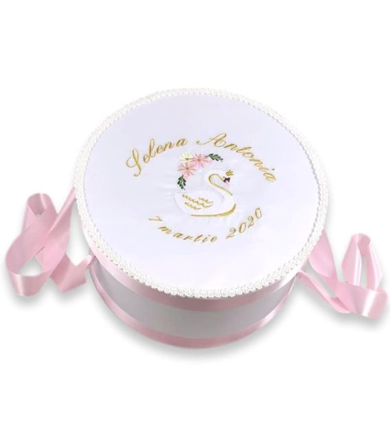 Trusou botez personalizat fetite cutie rotunda inclusa Lebada aurie