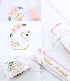 Trusou botez personalizat fetite cutie rotunda inclusa Lebada aurie