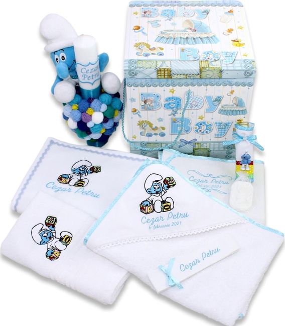 Set trusou bebe strumf personalizat cu jucarii  - Trusouri  Botez Complete