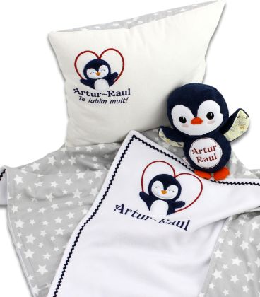 Set cadou personalizat 4 piese pentru baieti cu pinguin