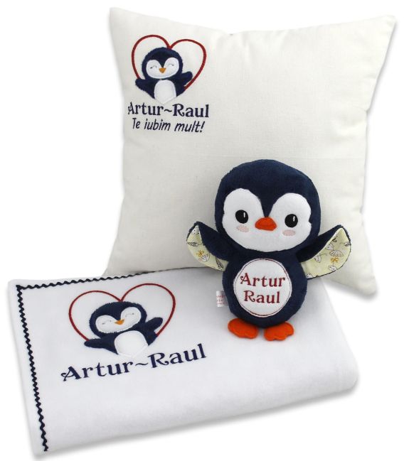 Set cadou personalizat 4 piese pentru baieti cu pinguin
