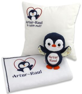 Set cadou personalizat 4 piese pentru baieti cu pinguin
