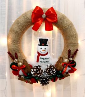 Coronita Craciun pentru usa hand made cu fundita rosie si mesaj