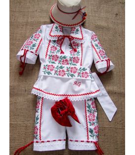 Costum botez traditional, 4 piese broderie floare rosie