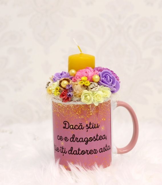 Cana personalizata cu mesaj si flori