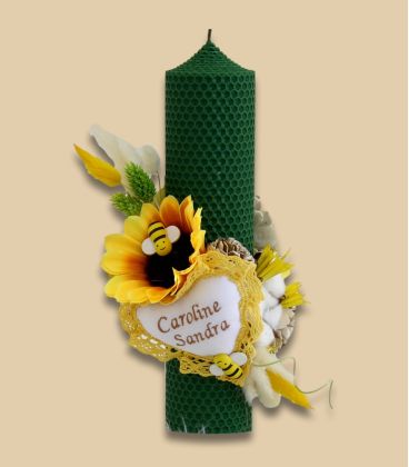 Lumanare botez ceara naturala personalizata floarea soarelui