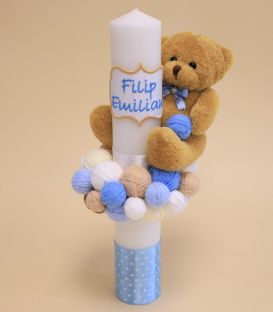 Lumanare botez personalizata cu gheme si ursulet Filip