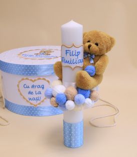 Lumanare botez personalizata cu gheme si ursulet Filip