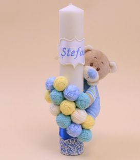 Lumanare de botez cu ursulet si gheme model Stefan  personalizat cu nume 