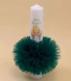 Lumanare de  botez de culoare verde smarald model  ingeras Sofia pentru fetite