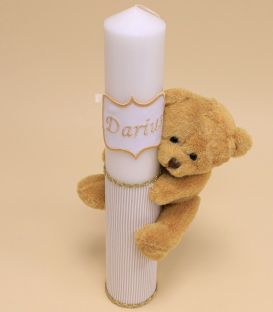 Lumanare botez personalizata cu ursulet bej auriu