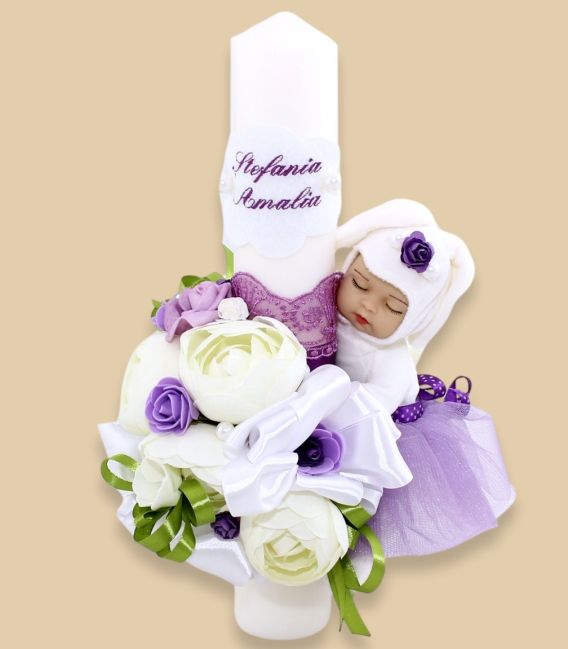 Lumanare botez fetite cu flori personalizata Stefania