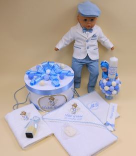Set complet botez băiat – îngeraș Rafael, personalizat, bleu