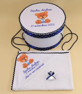 Trusou ursuletul Sacha personalizat cu nume si data botez