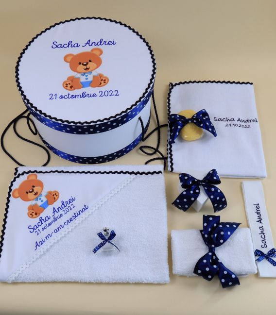 Trusou botez personalizat pentru baieti ursulet Sacha