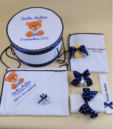 Trusou botez personalizat pentru baieti ursulet Sacha