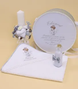 Pachet botez cu lumanare si cutie rotunda ingeras argintiu