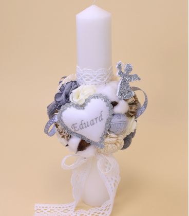 Trusou botez cu lumanare si cutie rotunda ingeras argintiu