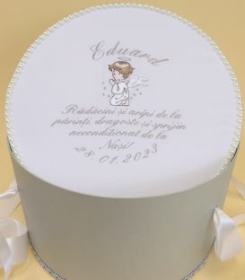 Trusou botez cu lumanare si cutie rotunda ingeras argintiu