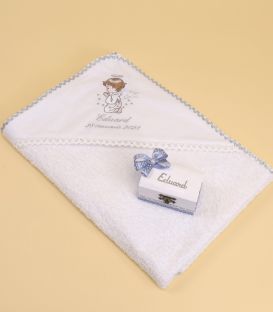 Trusou botez cu lumanare si cutie rotunda ingeras argintiu